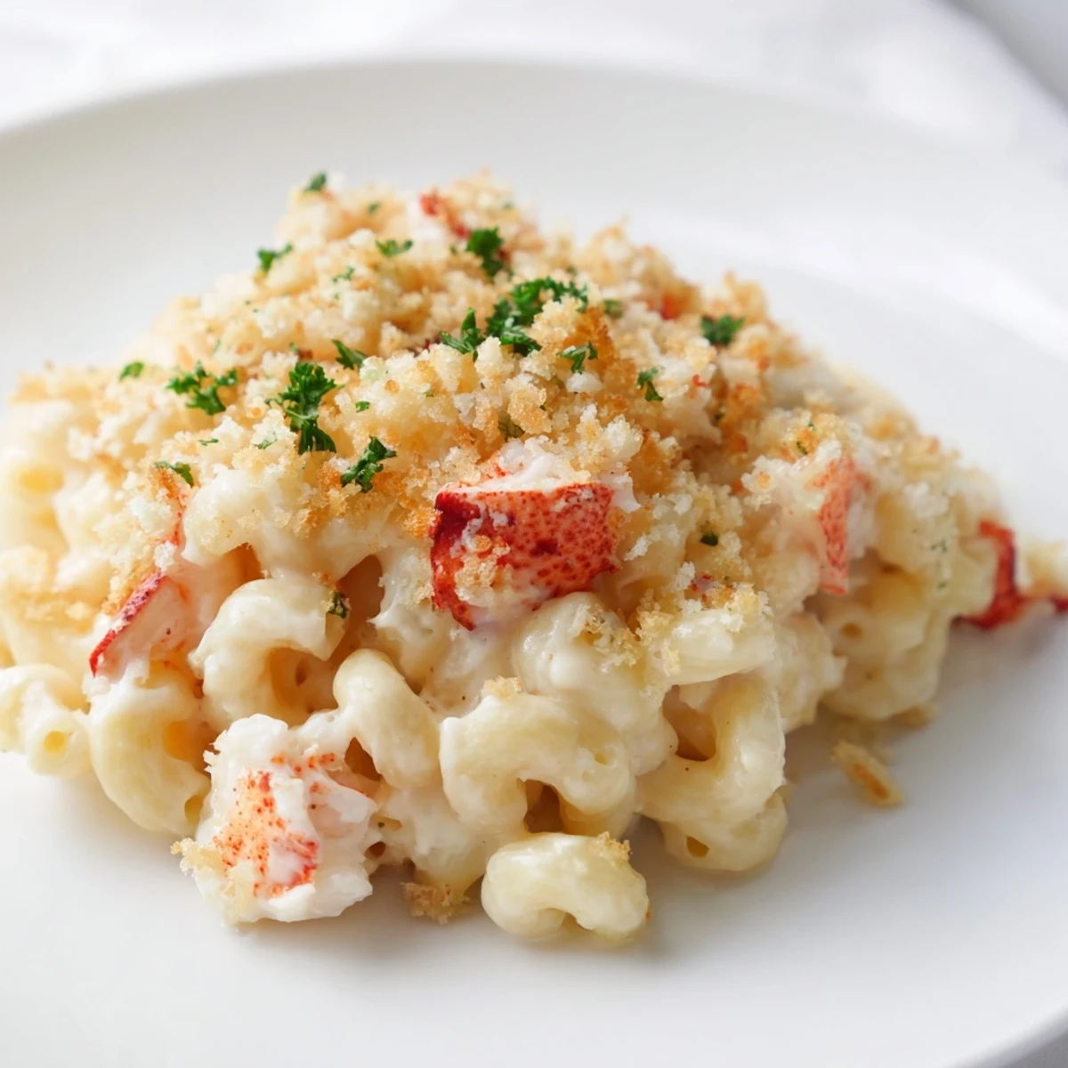 Golden, bubbling Romantic Lobster Mac and Cheese fresh from the oven with a crisp panko topping.