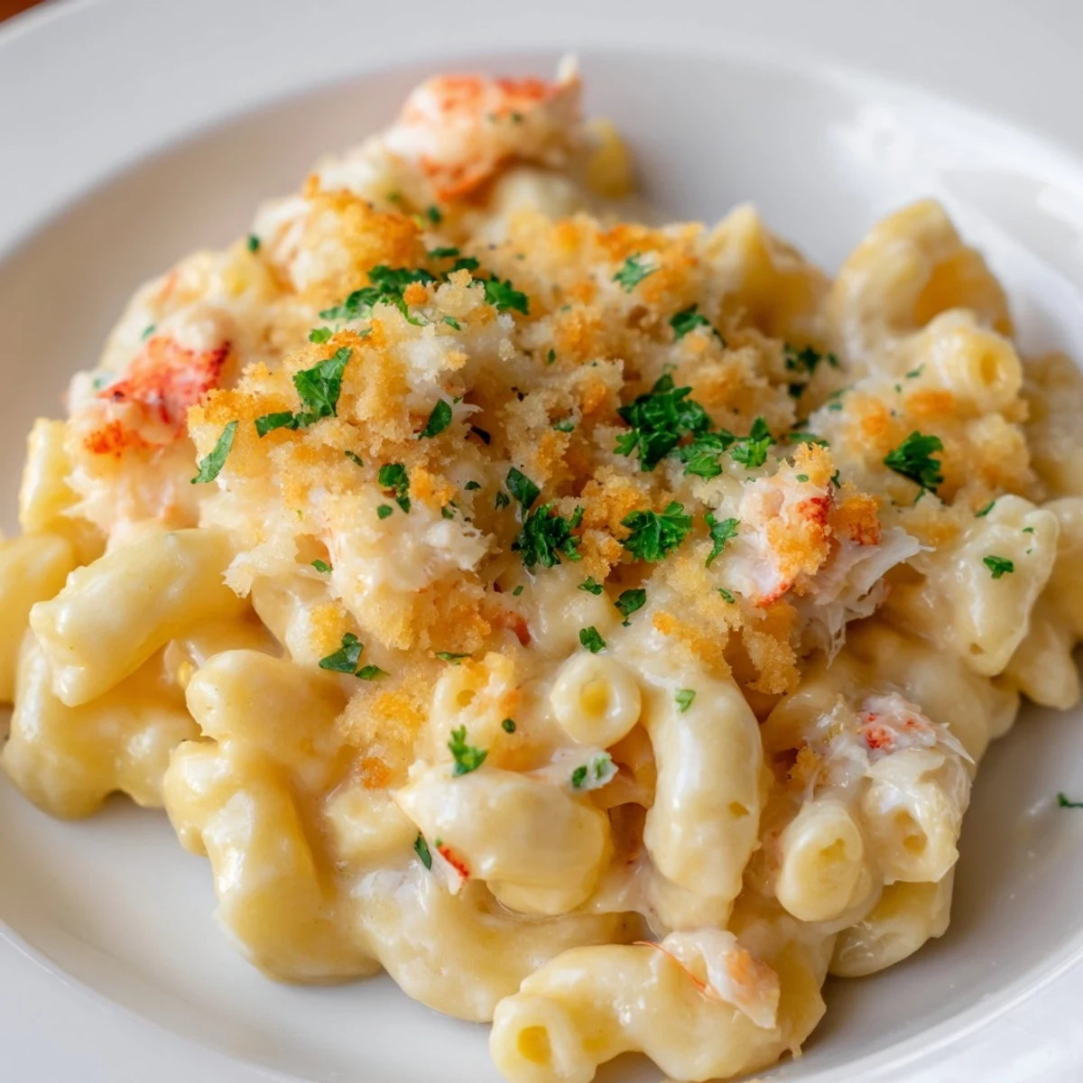 Creamy Romantic Lobster Mac and Cheese with tender lobster chunks and a golden, buttery crust.