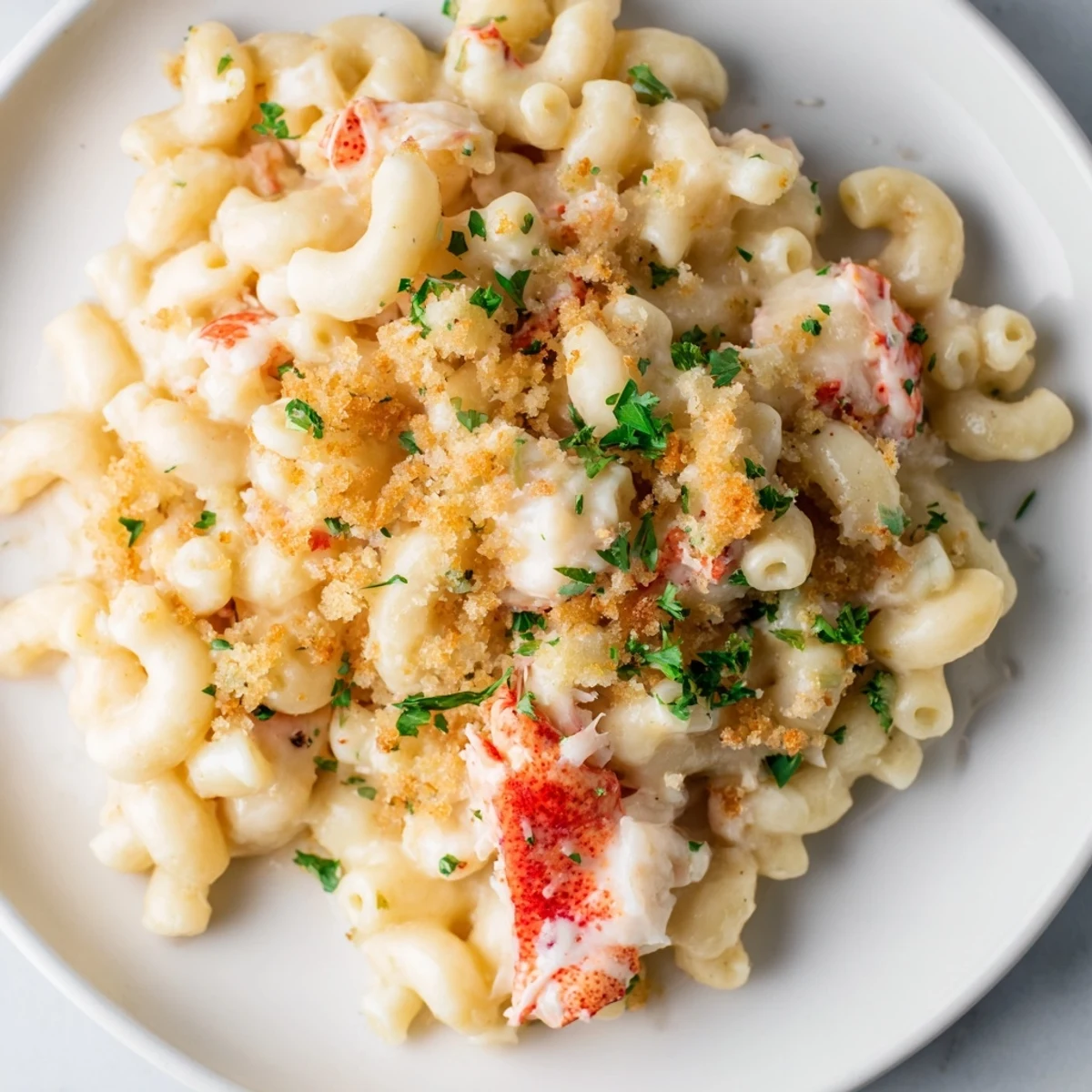 A close-up of Romantic Lobster Mac and Cheese in a baking dish, garnished with fresh parsley.