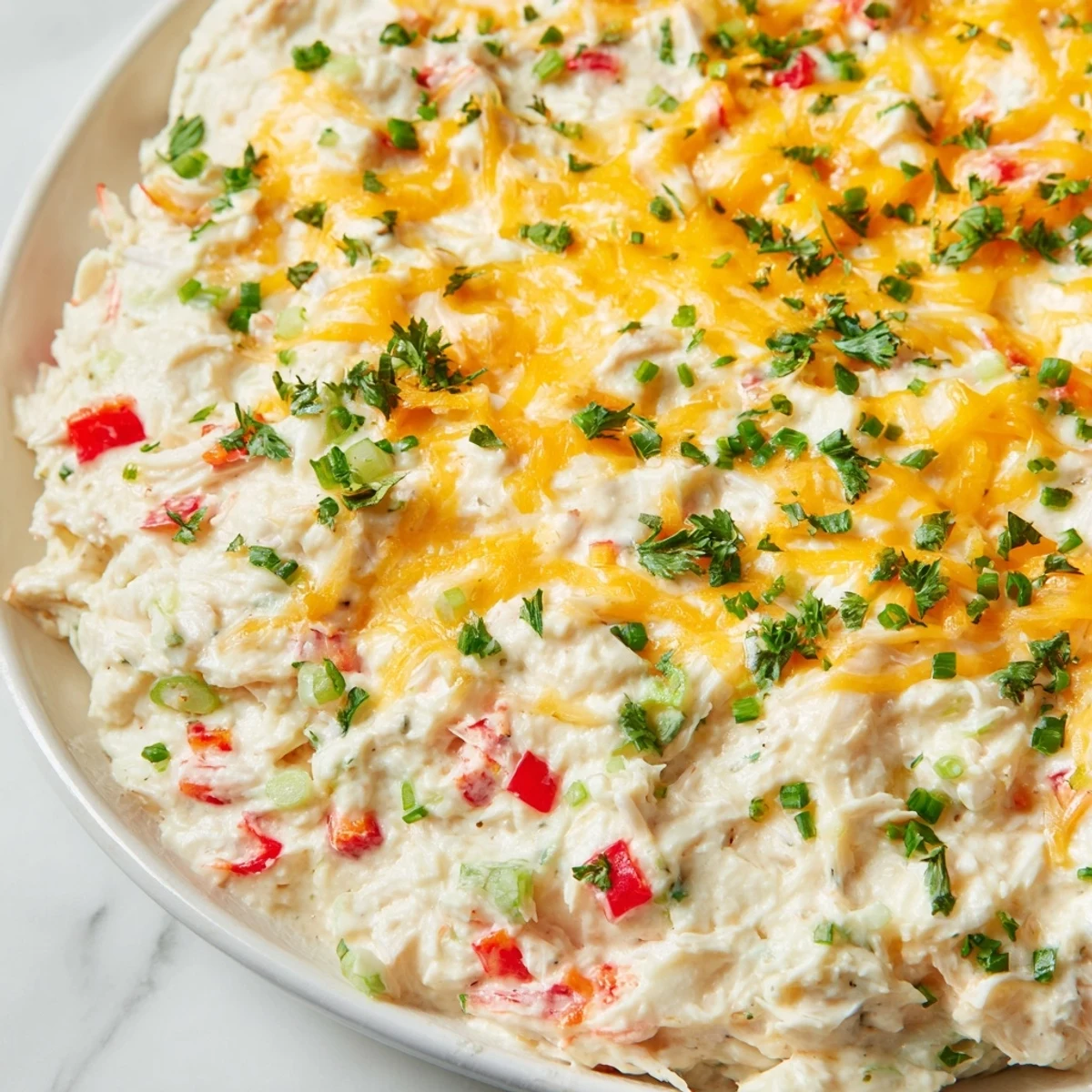 Creamy, bubbling Mardi Gras Crab Dip fresh from the oven, garnished with green onions and parsley.  
