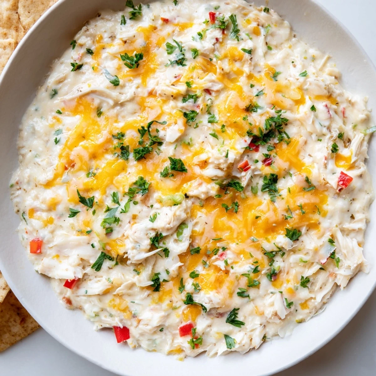 Spicy Mardi Gras Crab Dip in a baking dish, featuring red bell peppers and melted cheddar.