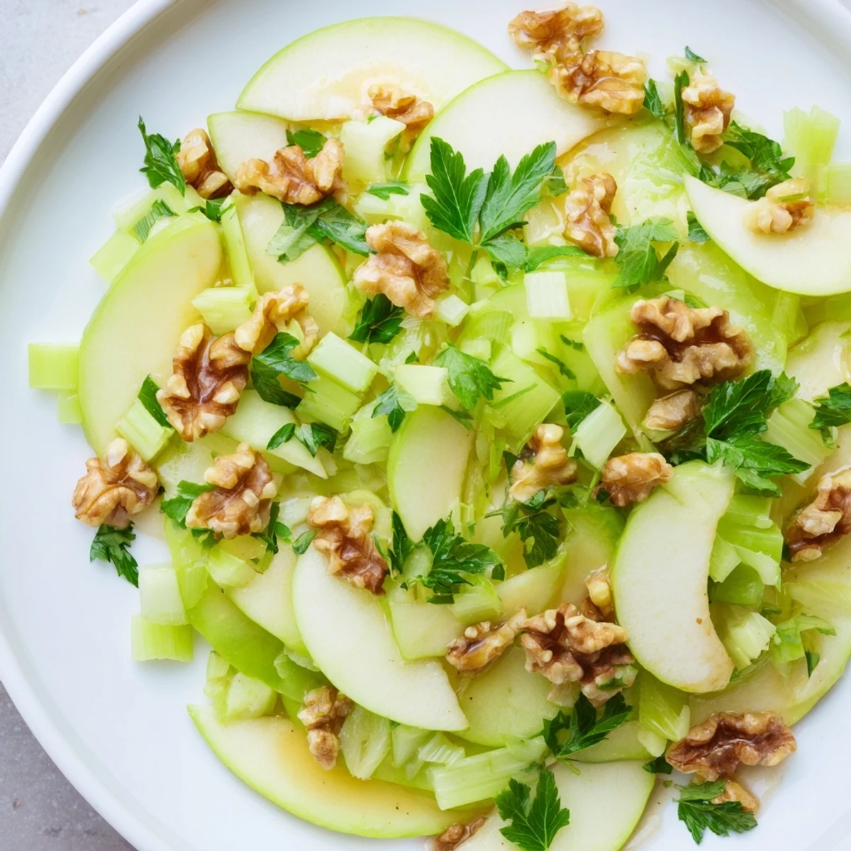 Green apple and celery salad topped with chopped parsley and walnuts, served in a white ceramic bowl.