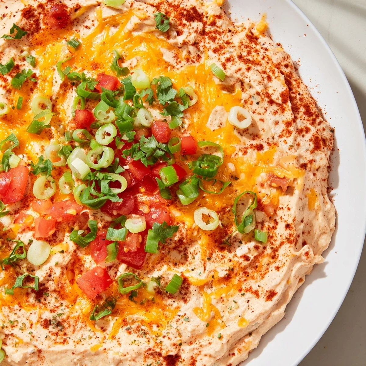 A close-up of Championship Bean Dip, baked golden-brown and bubbling, served warm from the oven.  