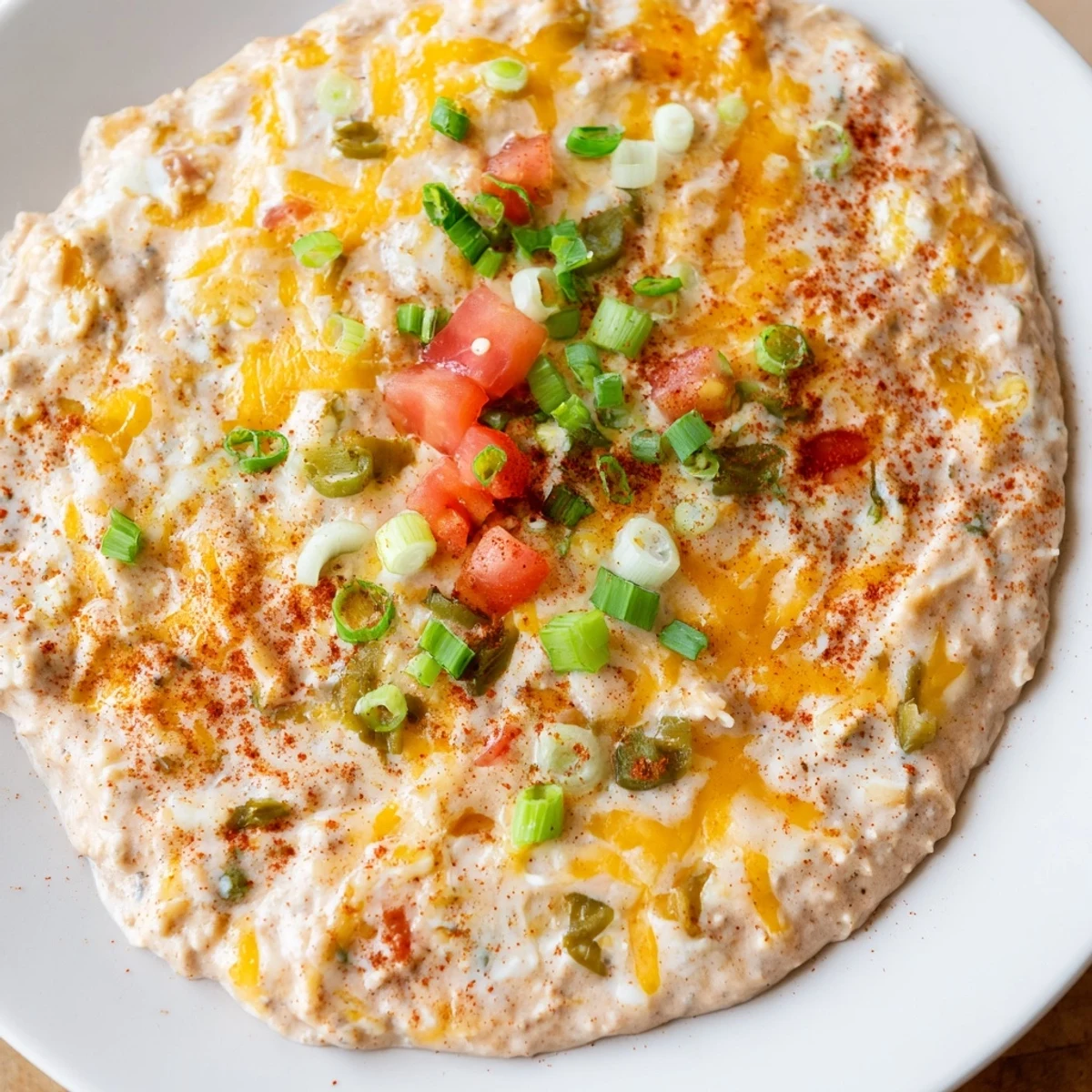 This Championship Bean Dip features a creamy, cheesy texture, garnished with fresh cilantro and diced tomatoes for a festive look.  