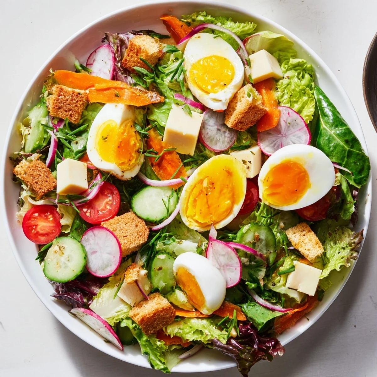 A close-up of Irish Pub Salad with Egg, featuring vibrant cherry tomatoes and sharp cheddar cubes atop crisp greens.