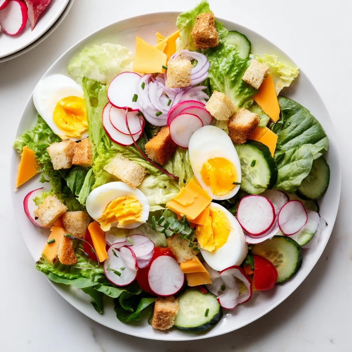 Hearty Irish Pub Salad with Egg showcases creamy hard-boiled egg halves, sliced cucumbers, and crunchy radishes.