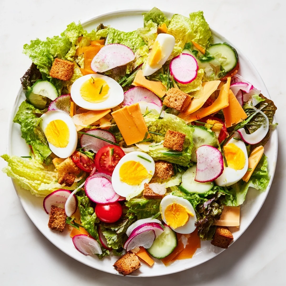 This colorful Irish Pub Salad with Egg is garnished with fresh chives and croutons, ready for serving.