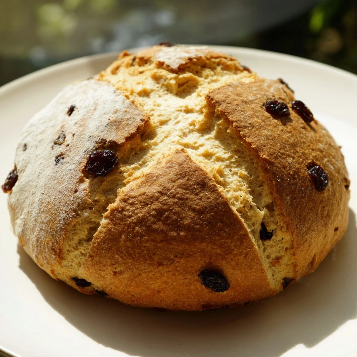 Freshly baked St. Patricks Day Irish Soda Bread with golden crust and butter on the side.