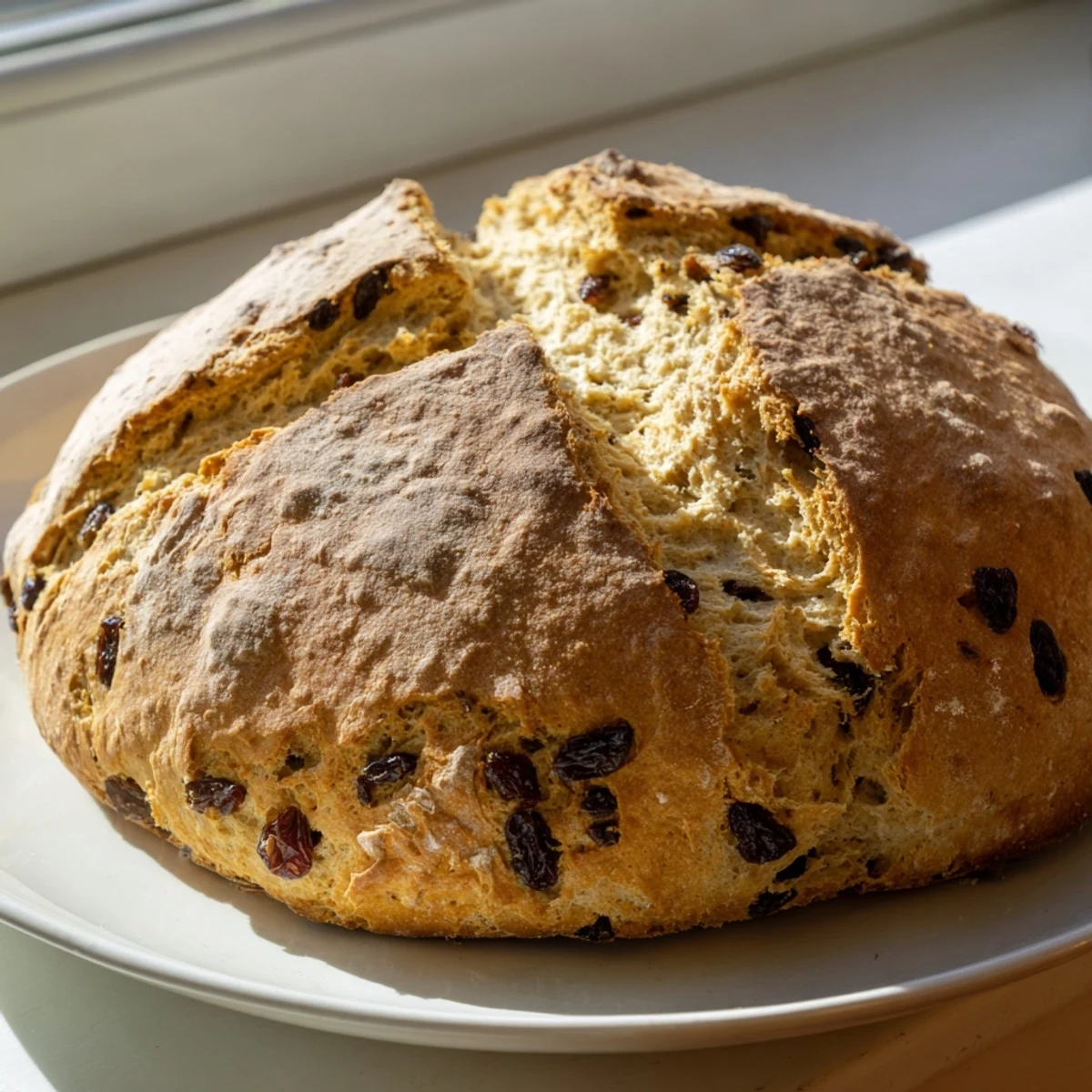 Rustic St. Patricks Day Irish Soda Bread loaf resting on parchment with a jam spread.