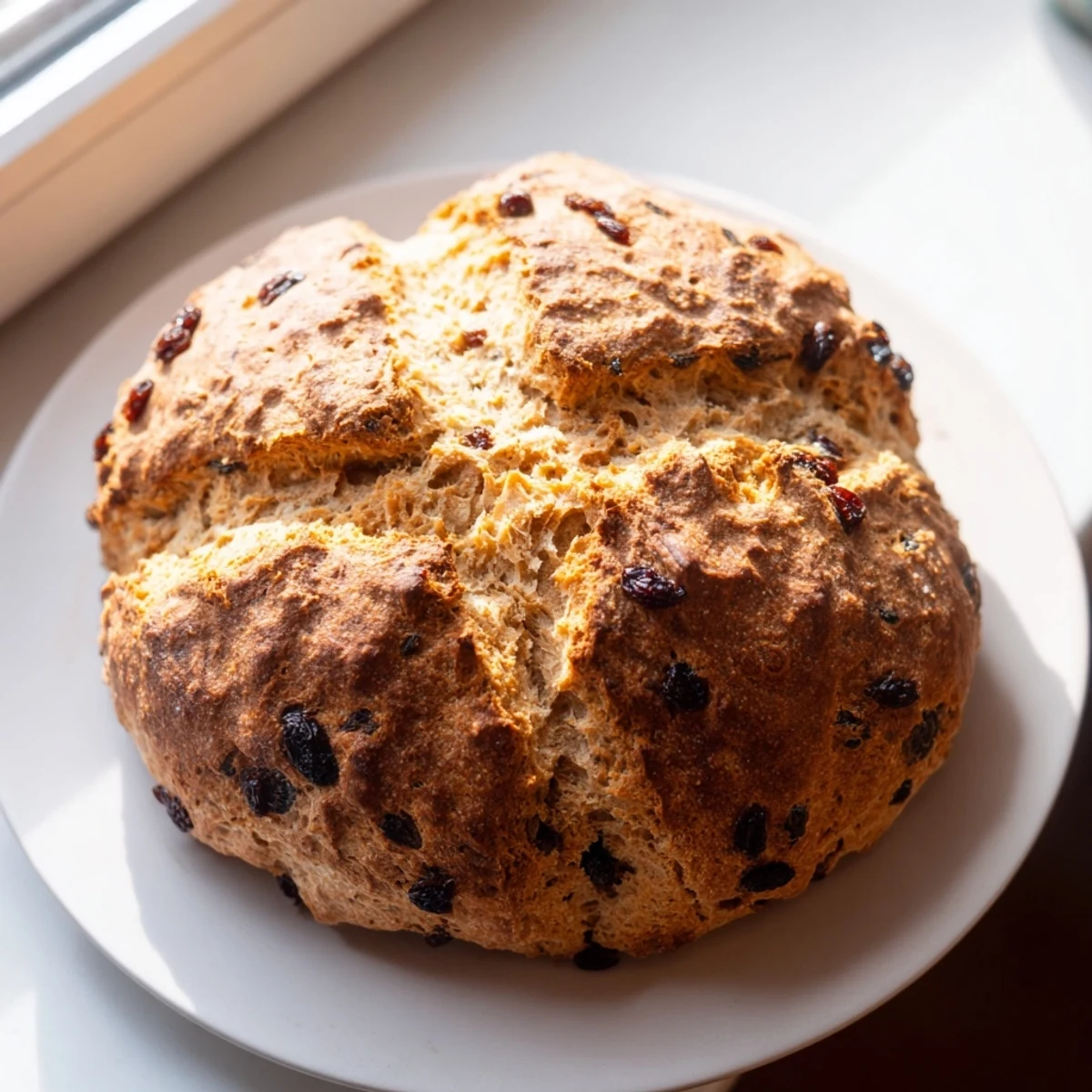 Slice of warm St. Patricks Day Irish Soda Bread revealing tender crumb studded with raisins.