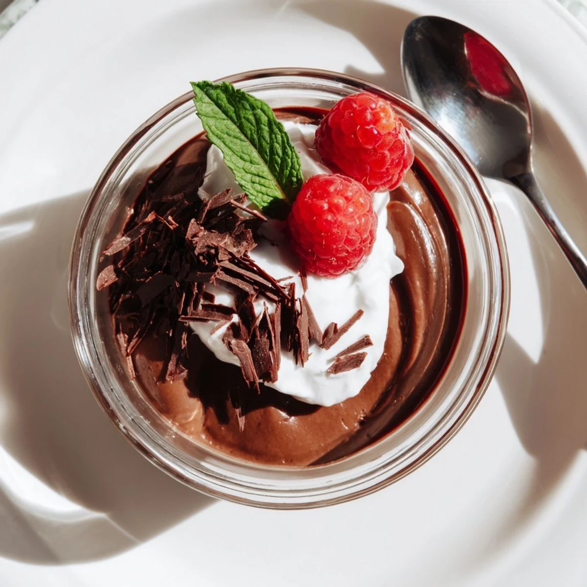 A close-up of rich Valentine Chocolate Mousse with a light, airy texture and mint garnish.