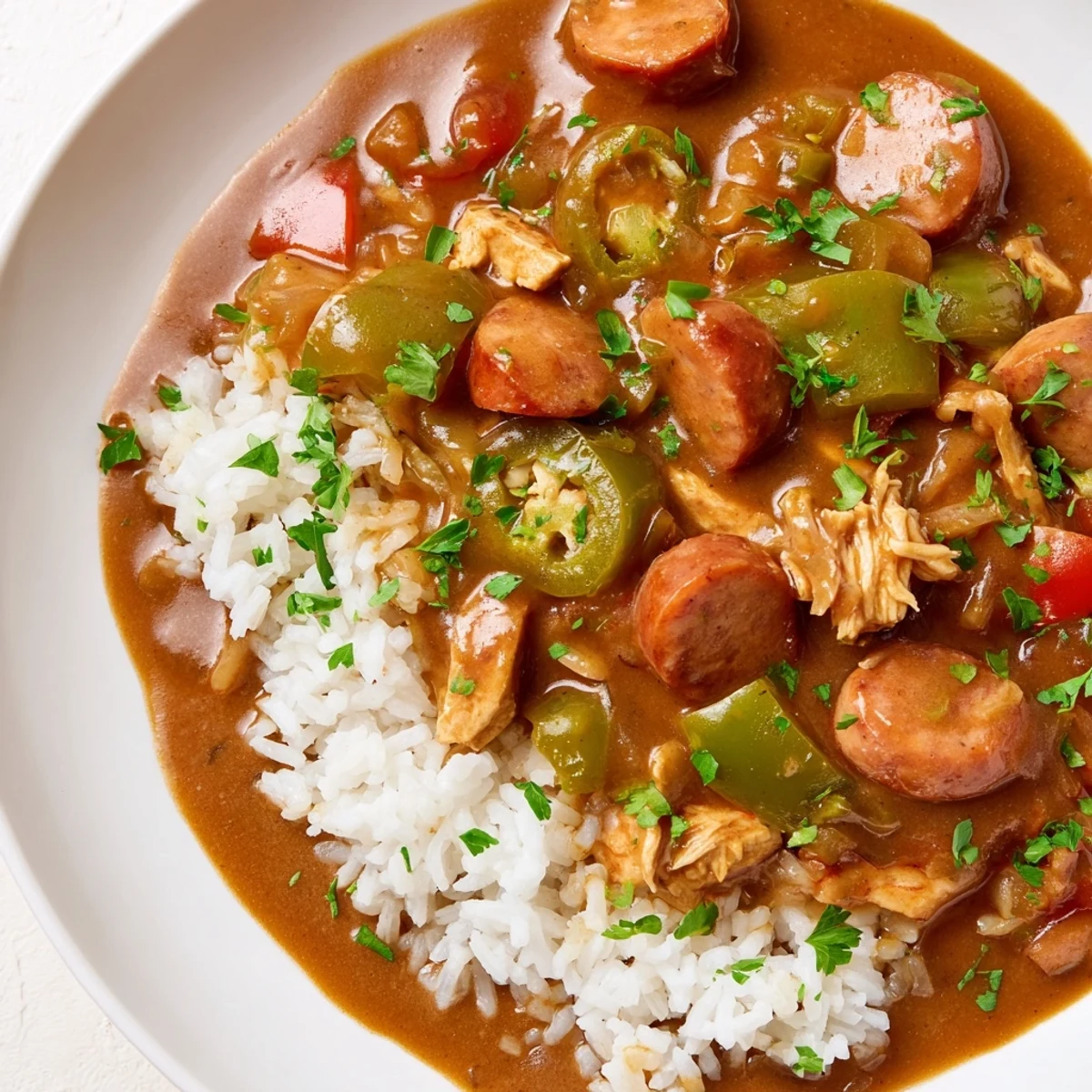 A hearty Ladleful of Louisiana Gumbo with Turkey Sausage, featuring tender okra and rich, dark roux broth.  