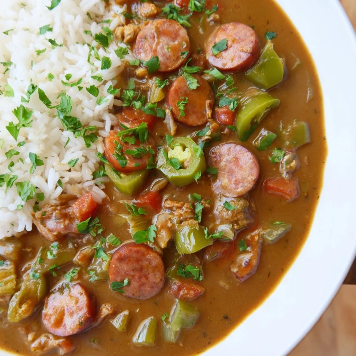 Steaming bowl of Louisiana Gumbo with Turkey Sausage, served over fluffy white rice, garnished with fresh parsley.  
