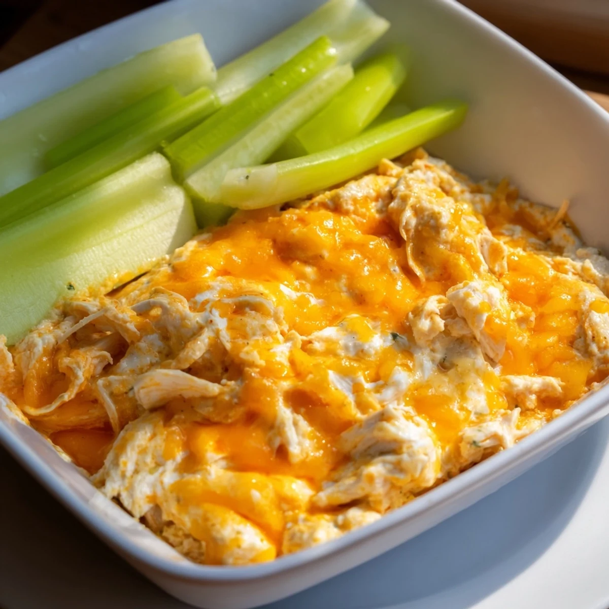Fresh celery sticks and tortilla chips are ready for dipping into creamy Spicy Buffalo Chicken Dip, bubbling from the oven. 
