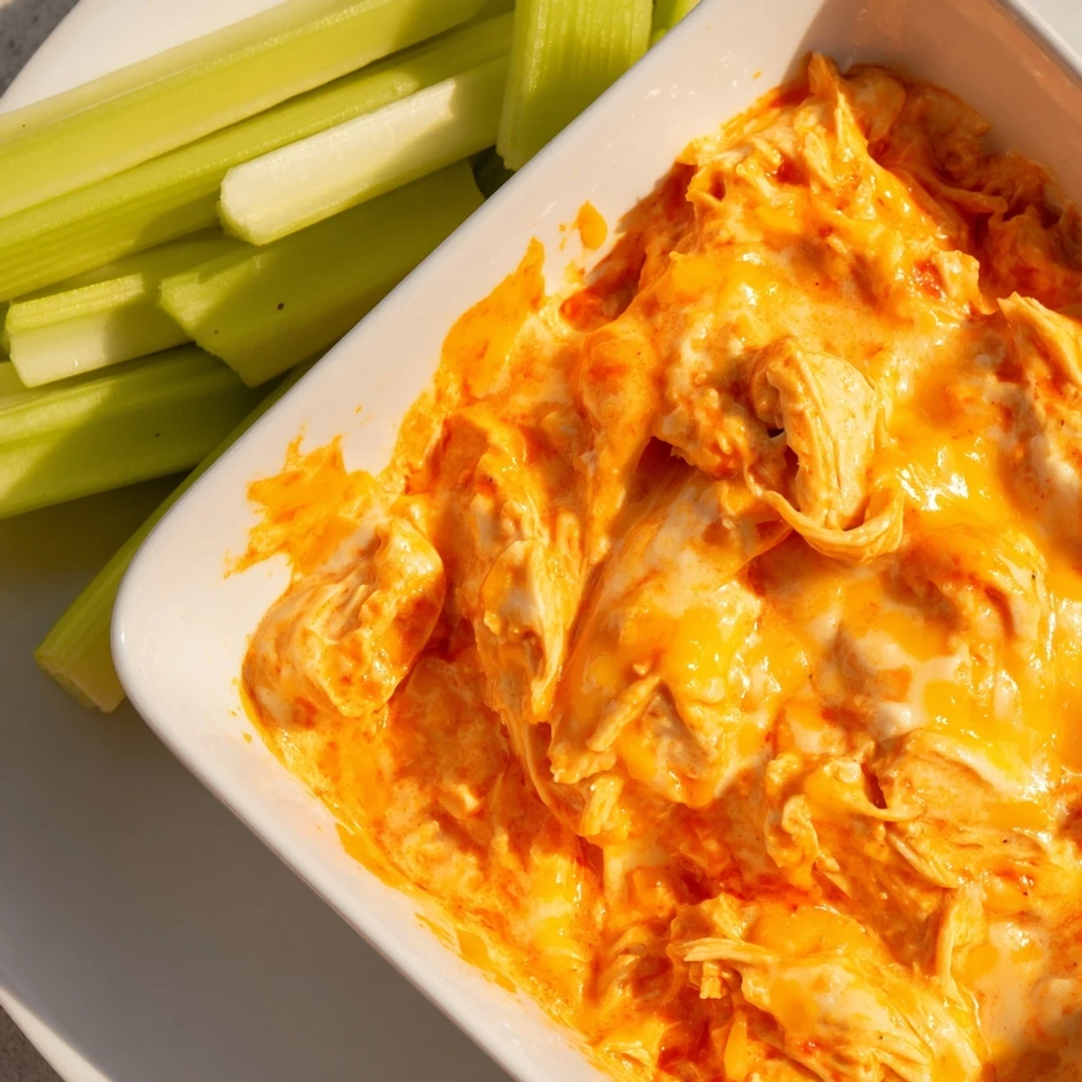 Appetizer serving of Spicy Buffalo Chicken Dip garnished with fresh herbs, surrounded by dipping celery and chips on a table.