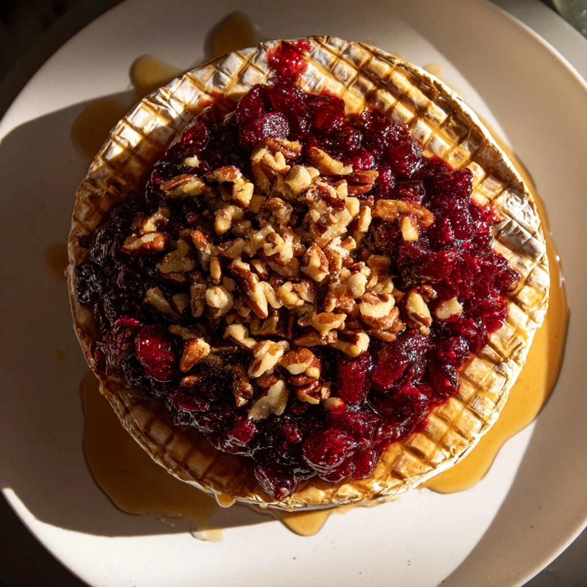 Freshly baked Baked Brie with Cranberry and Pecan oozing golden cheese, topped with festive red jam and chopped nuts on a slate board.