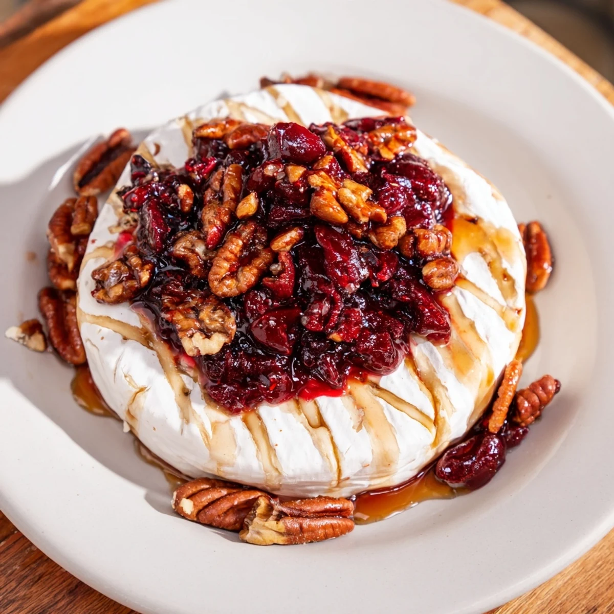 Golden Baked Brie with Cranberry and Pecan melting in the oven, glossy sauce bubbling and pecans toasted for a crunchy bite.