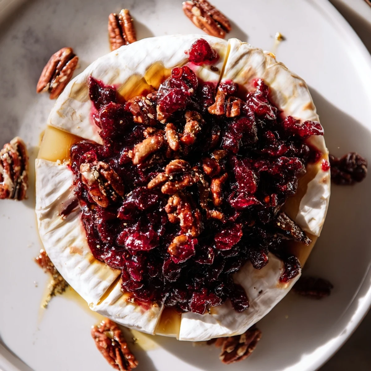 Slices of warm Baked Brie with Cranberry and Pecan served on a wooden board with baguette and crackers, ready for a party.