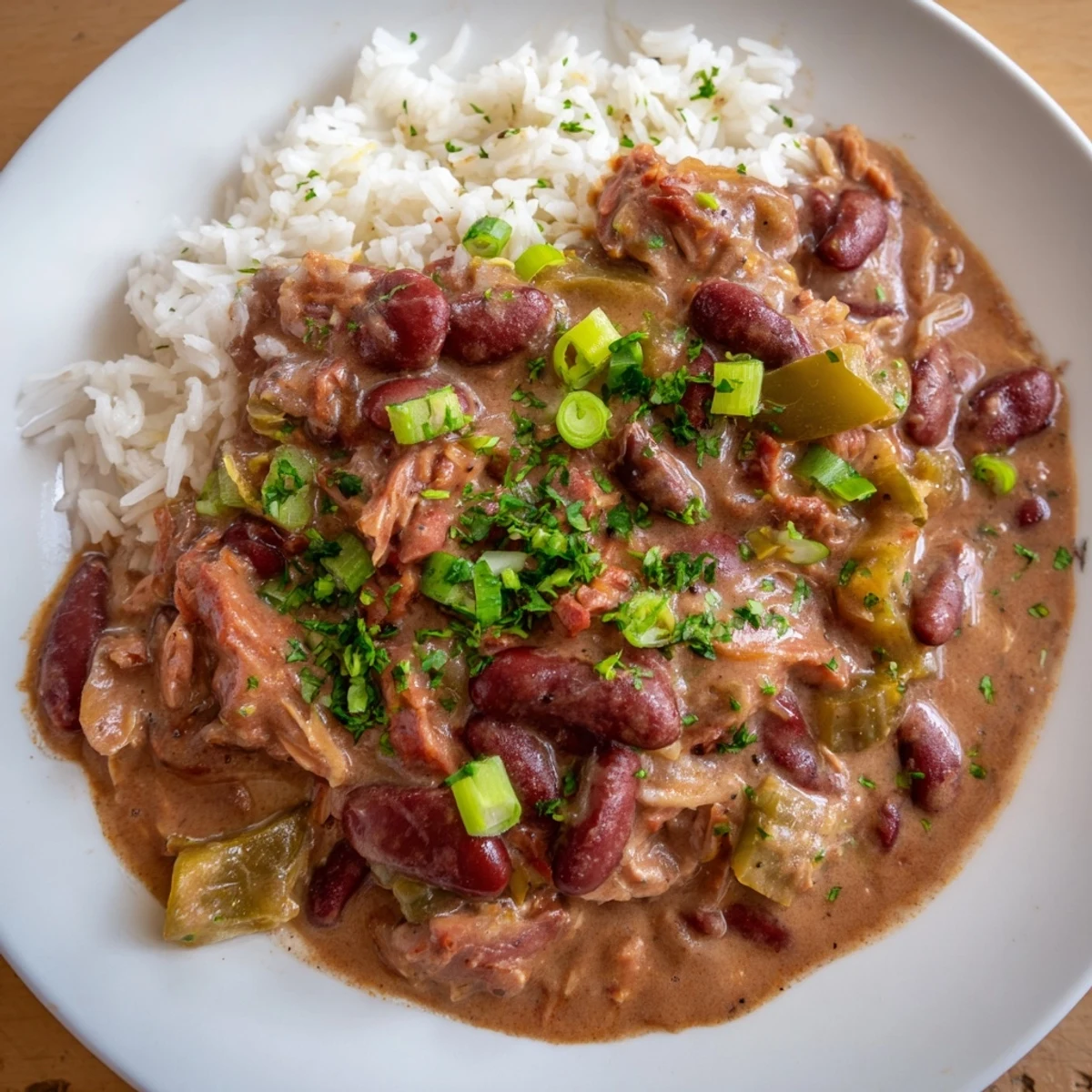Creamy Creole Red Beans and Rice with Smoked Turkey, garnished with parsley and green onions, served in a rustic bowl.