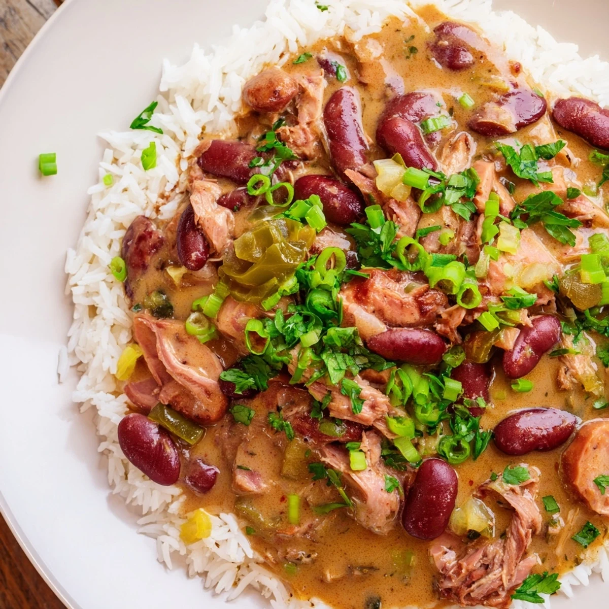 A hearty bowl of Creole Red Beans and Rice with Smoked Turkey, featuring tender beans and fluffy rice on a wooden table.