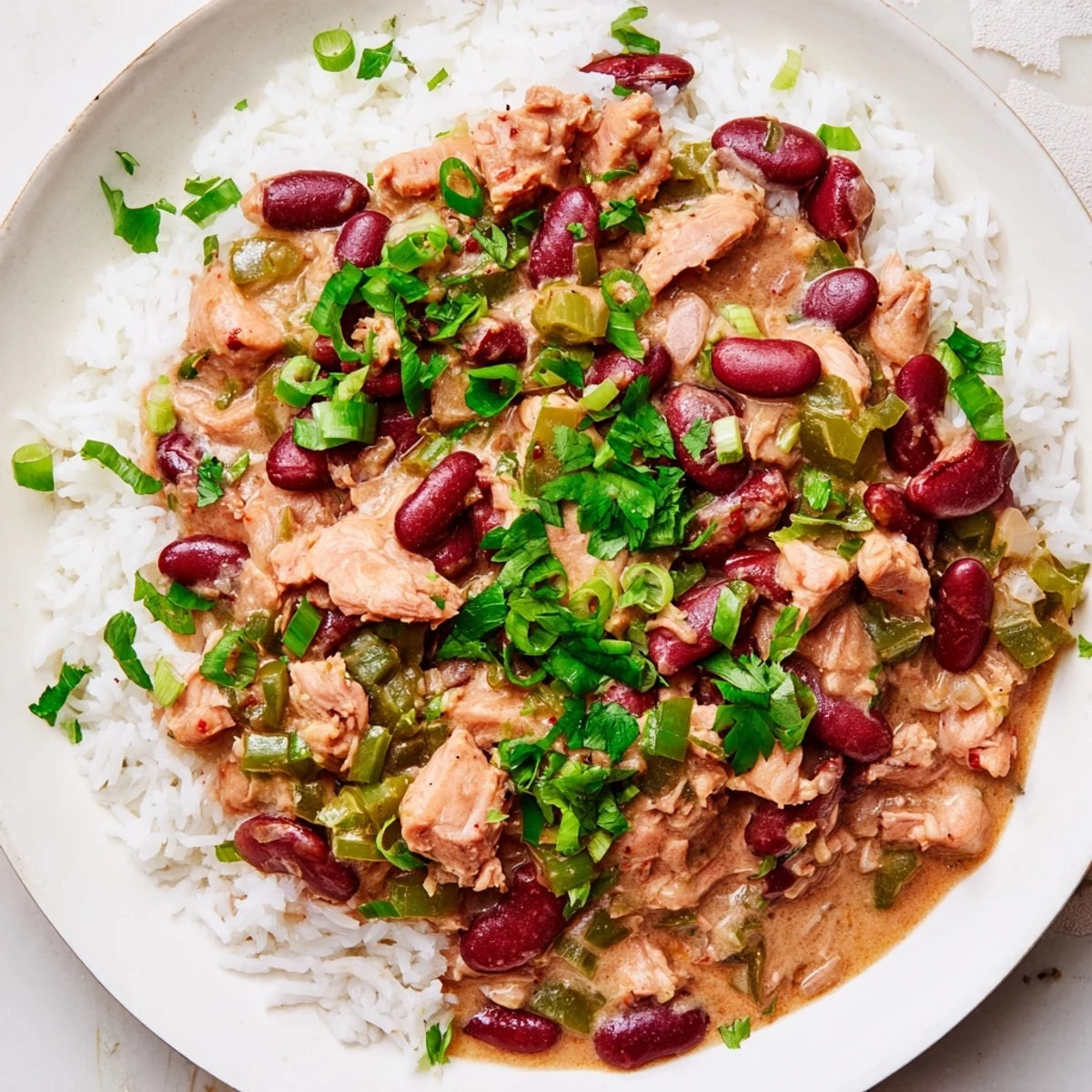 Spiced Creole Red Beans and Rice with Smoked Turkey, slow-cooked to perfection and topped with fresh green onions and parsley.