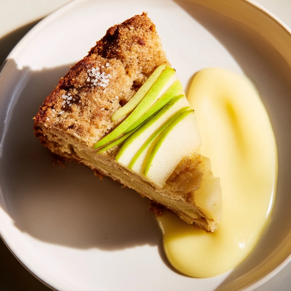 Warm Irish Apple Cake with Vanilla Custard, sliced to show tender apple filling and a golden crust.