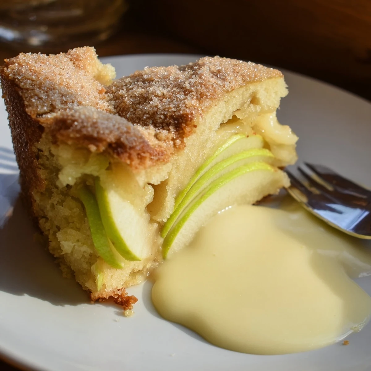 A rustic slice of Irish Apple Cake topped with vanilla custard, perfect with a cup of tea.