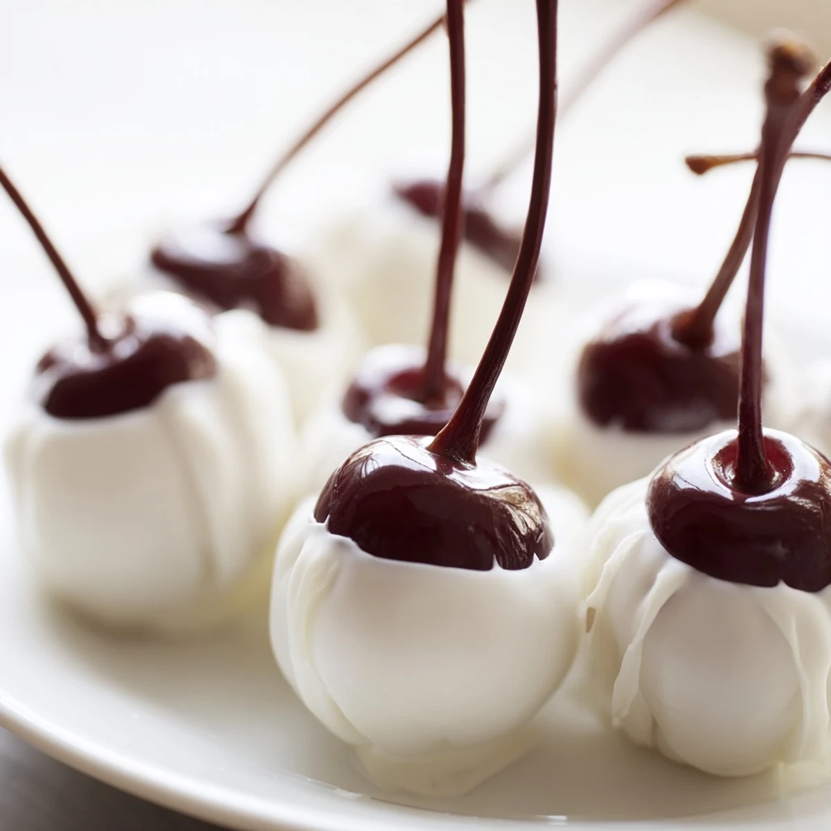 Chocolate Covered Cherries with Fondant gleam on a platter, their smooth white coating dripping with rich dark chocolate.