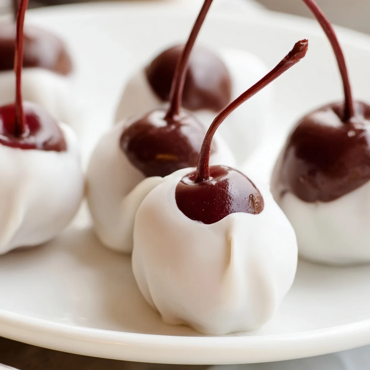 A close-up of Chocolate Covered Cherries with Fondant reveals glossy chocolate shells and bright red stems peeking out.