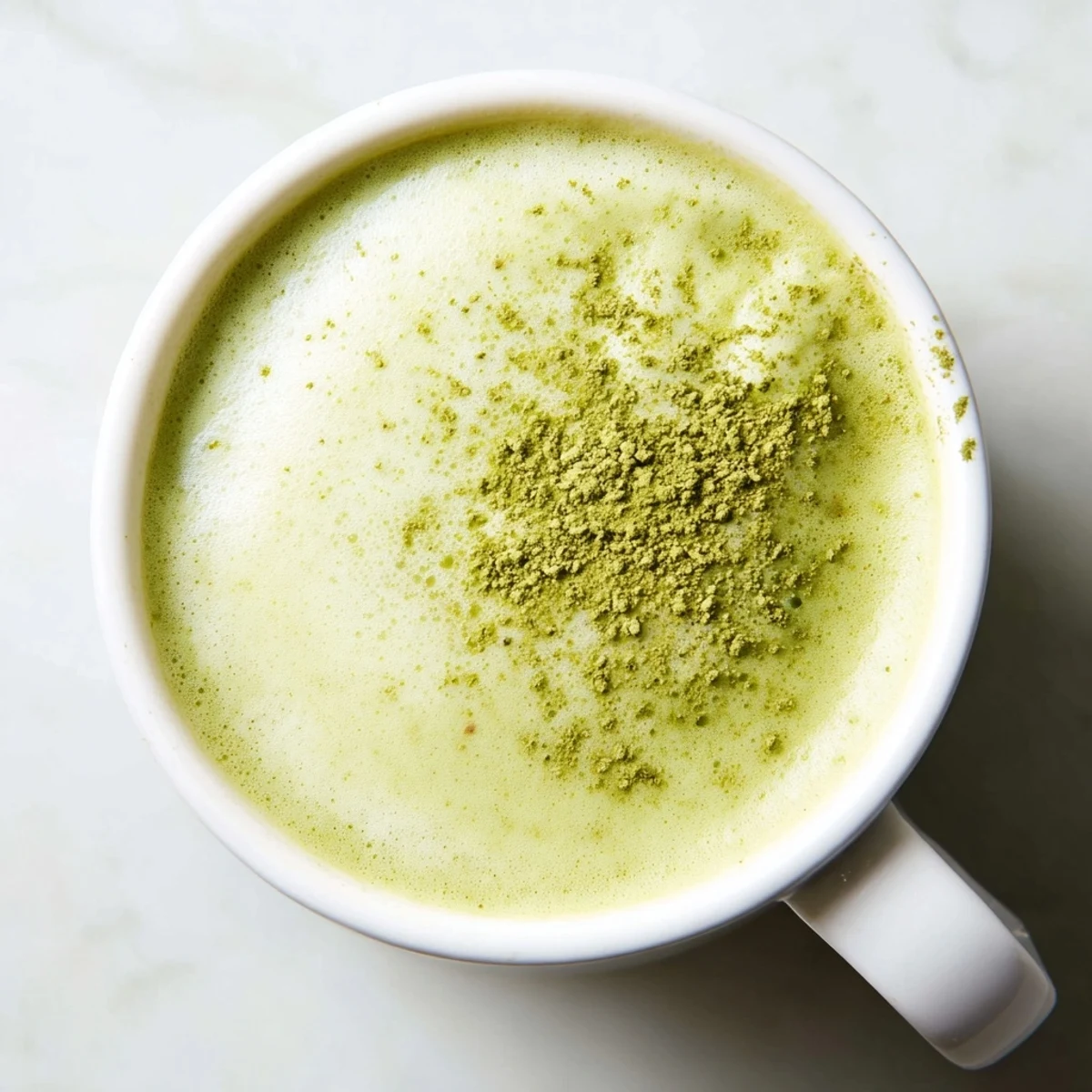 A vibrant green matcha latte with almond milk steaming in a ceramic mug, topped with delicate foam.