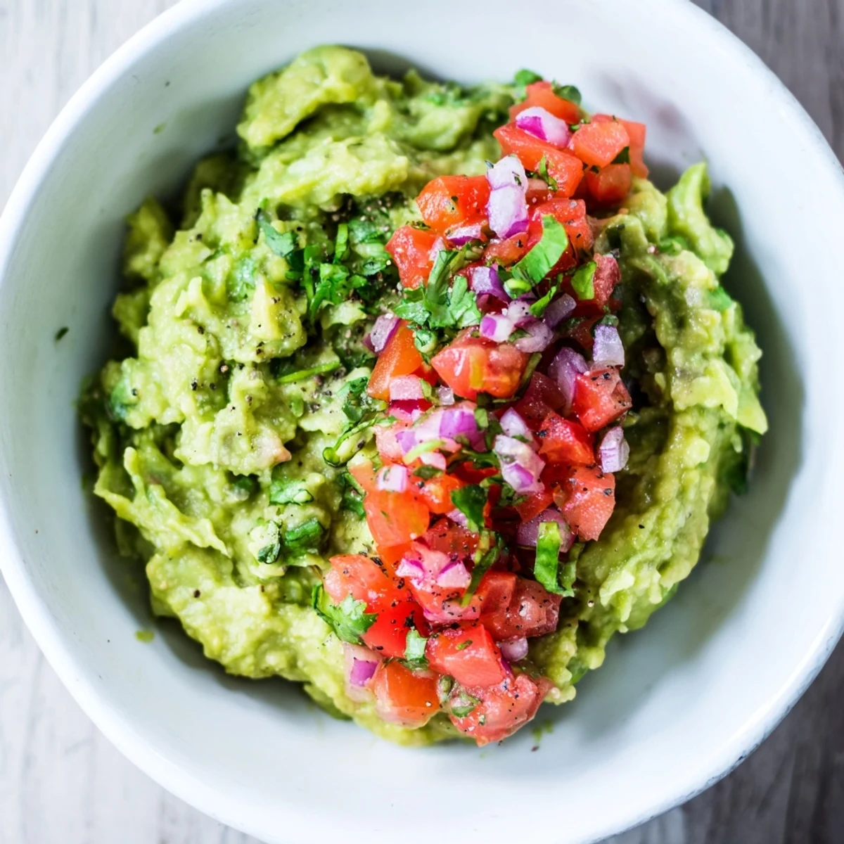 A vibrant bowl of Game Day Guacamole with Salsa topped with juicy diced tomatoes, red onions, and cilantro, ideal for scooping with chips.