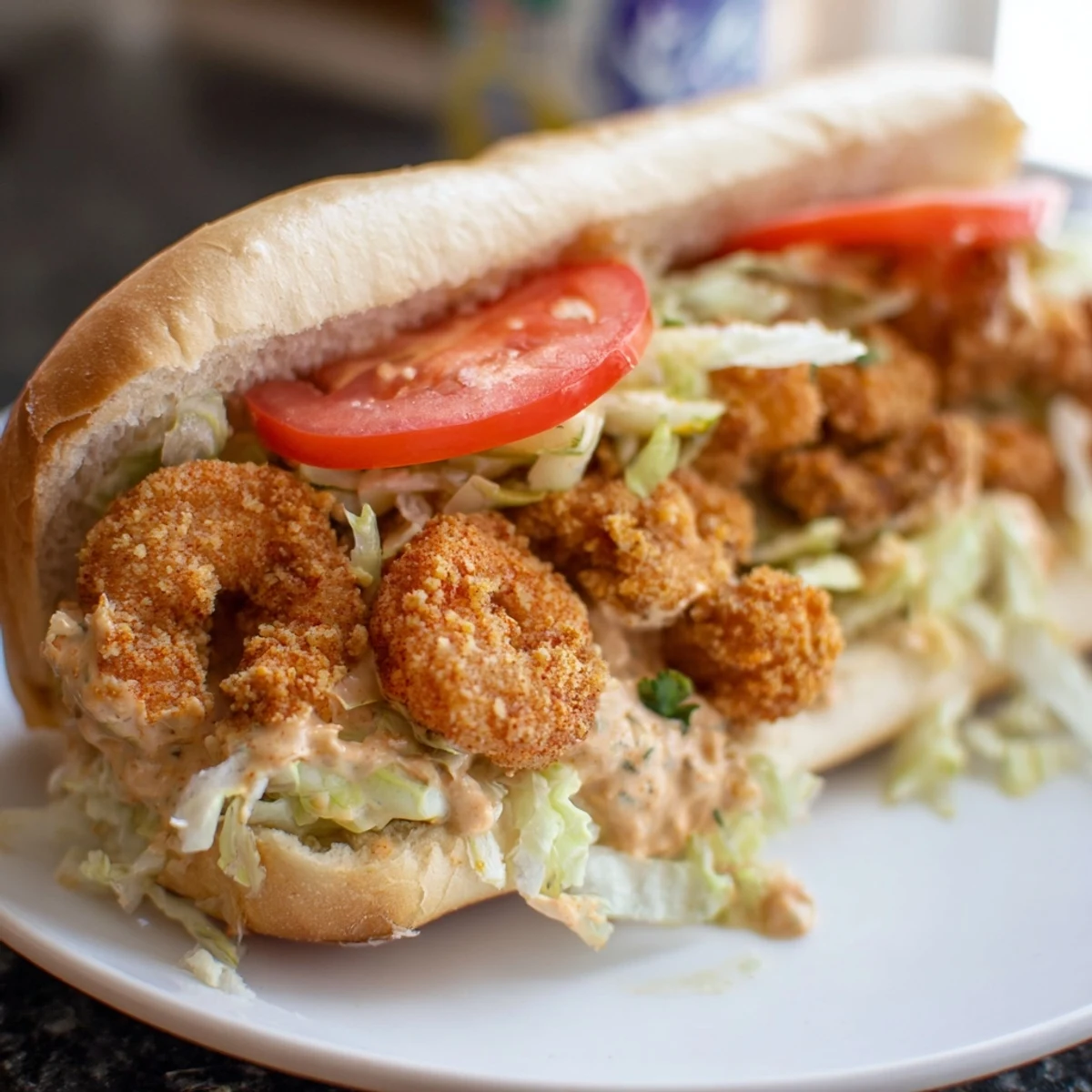 Golden fried shrimp tucked inside a French roll with lettuce, tomatoes, and creamy remoulade sauce.