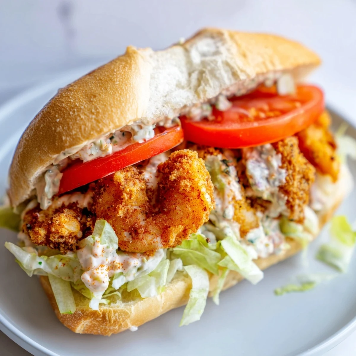A classic Southern Shrimp Po Boy featuring crispy crust, fresh veggies, and spicy remoulade.