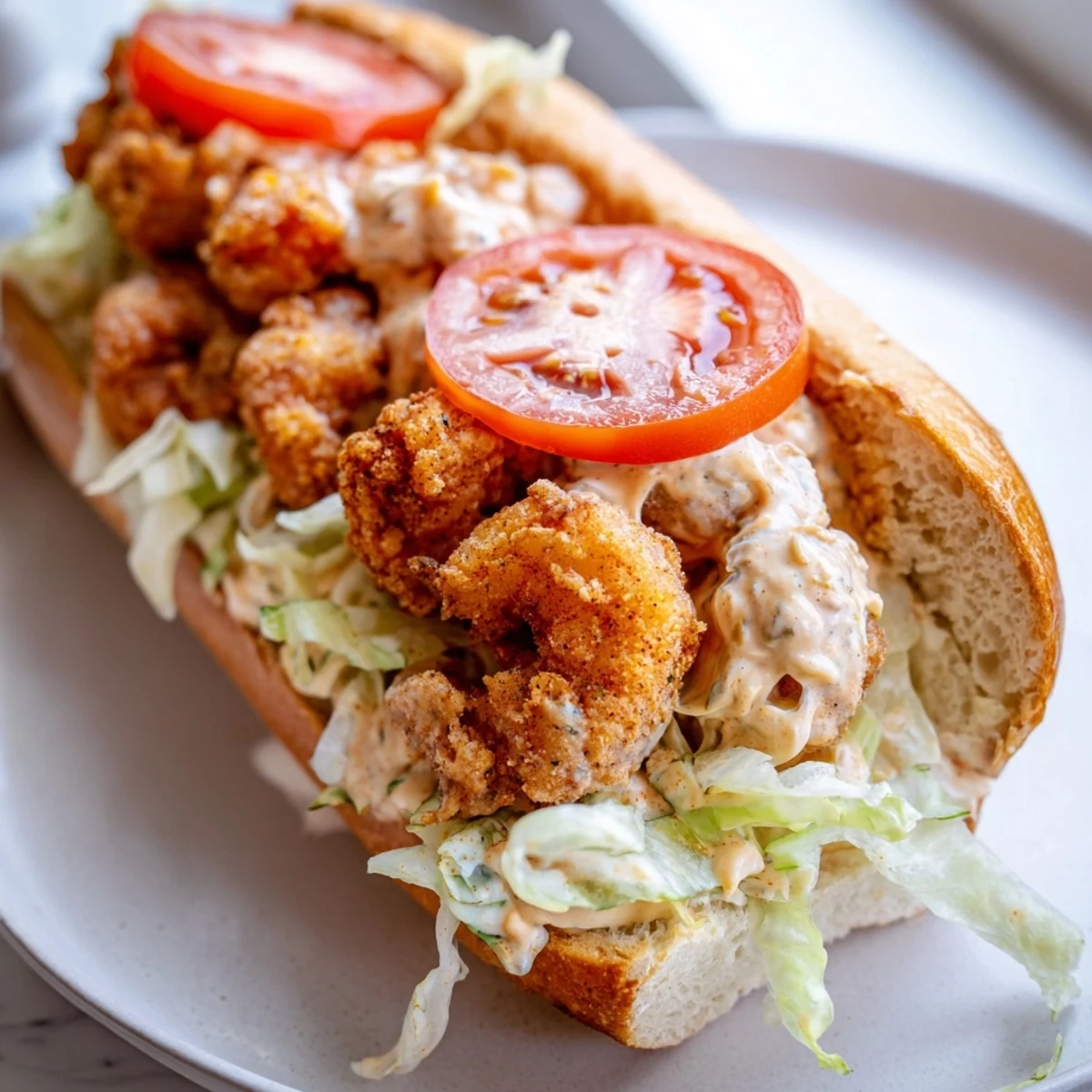 Freshly fried Southern Shrimp Po Boy on a soft roll, topped with lettuce, tomato, and pickles.
