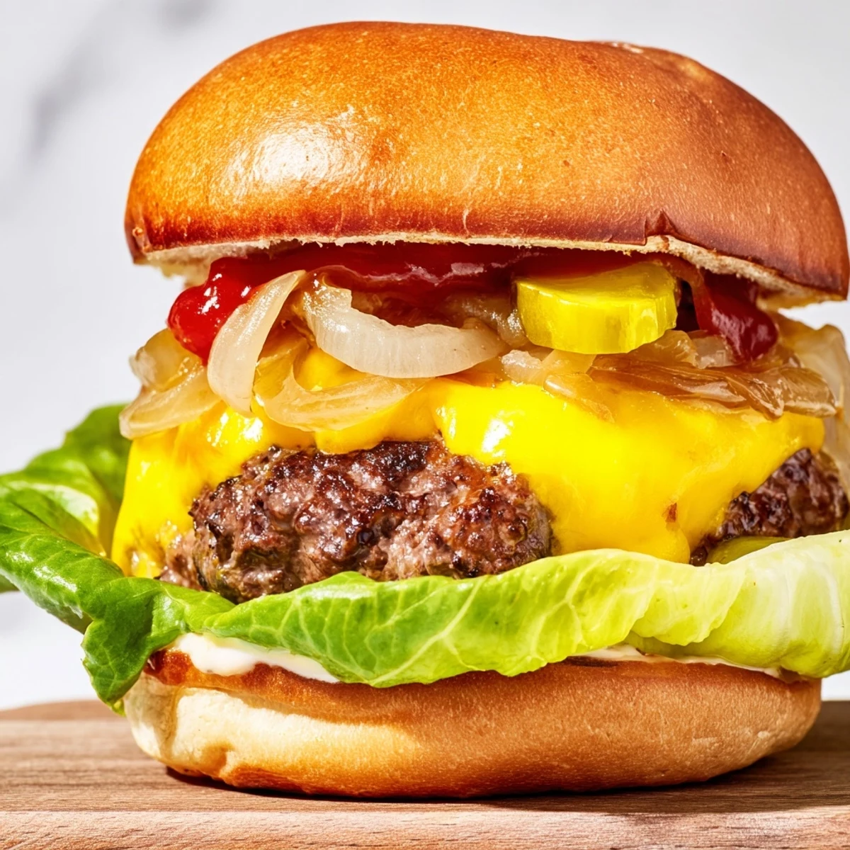 Golden-brown Classic Beef Burgers with Caramelized Onions on toasted buns with melted cheddar and fresh lettuce.