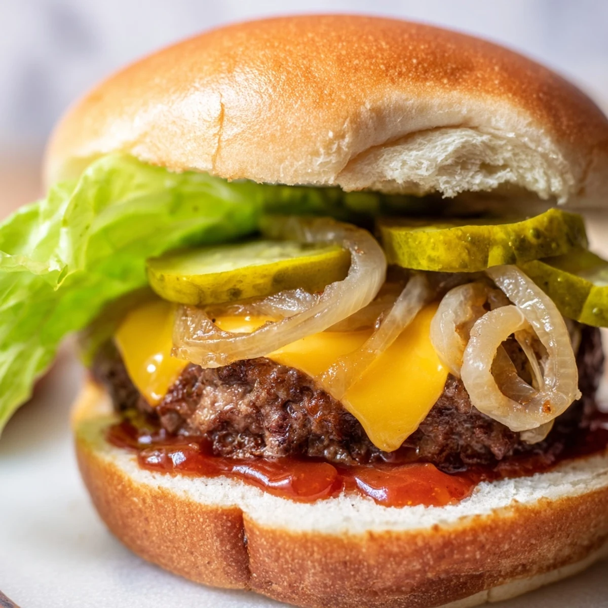 A close-up of Classic Beef Burgers with Caramelized Onions, dripping with sauce and served with crispy fries.