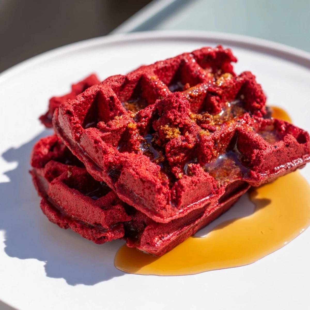 Freshly cooked Red Velvet Waffles with syrup being poured, displaying a fluffy, cocoa-infused interior with a vibrant red hue.