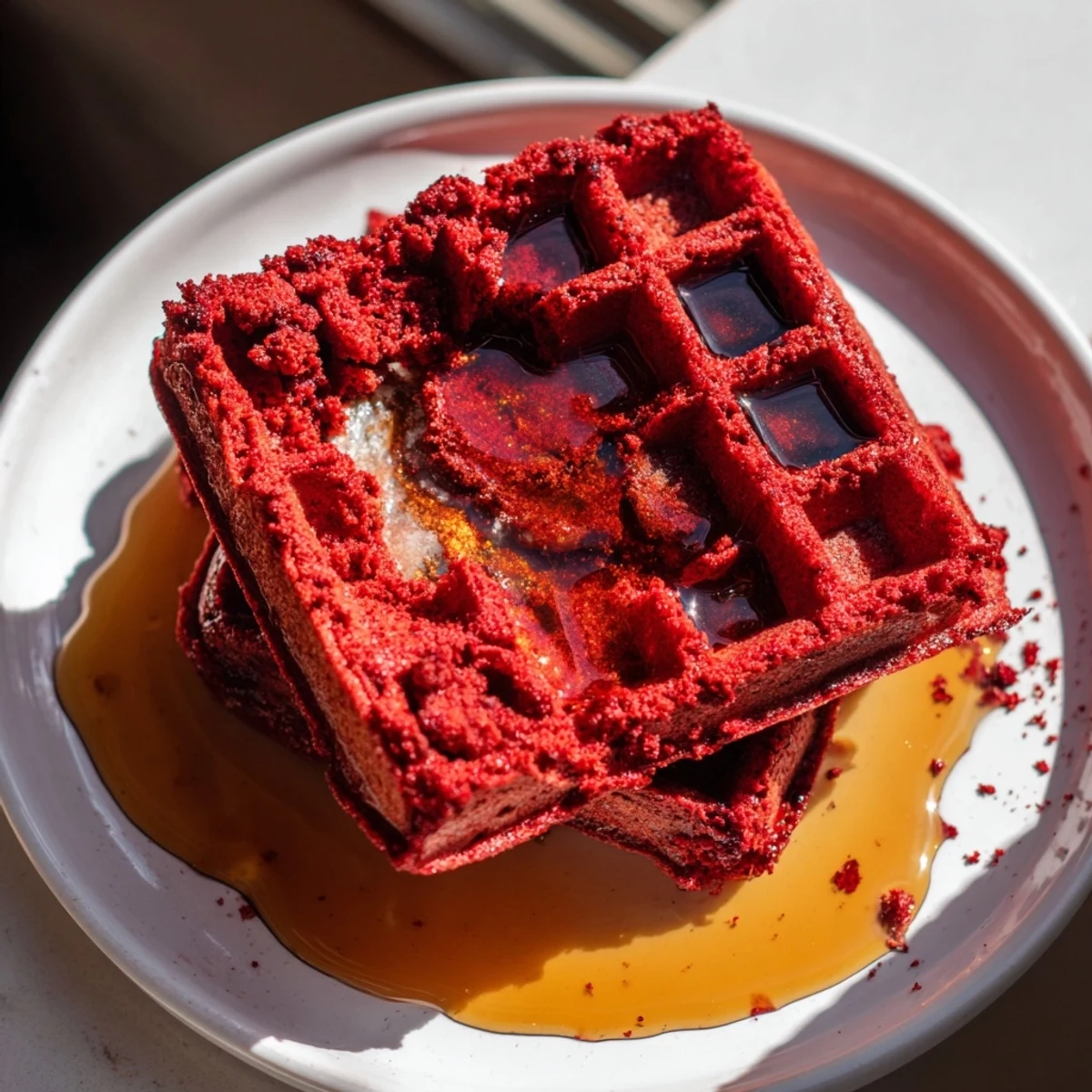 A stack of warm Red Velvet Waffles topped with whipped cream and fresh berries, served alongside a small pitcher of syrup.