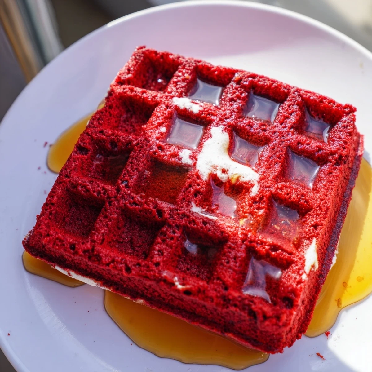 Golden, crisp Red Velvet Waffles resting on a plate next to a cup of coffee, ready for a festive breakfast.