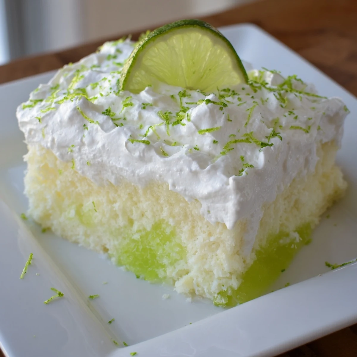 Freshly baked lime poke cake with whipped topping is shown in a 9x13-inch pan, its light crumb infused with zesty lime and topped with velvety, sweet whipped cream.