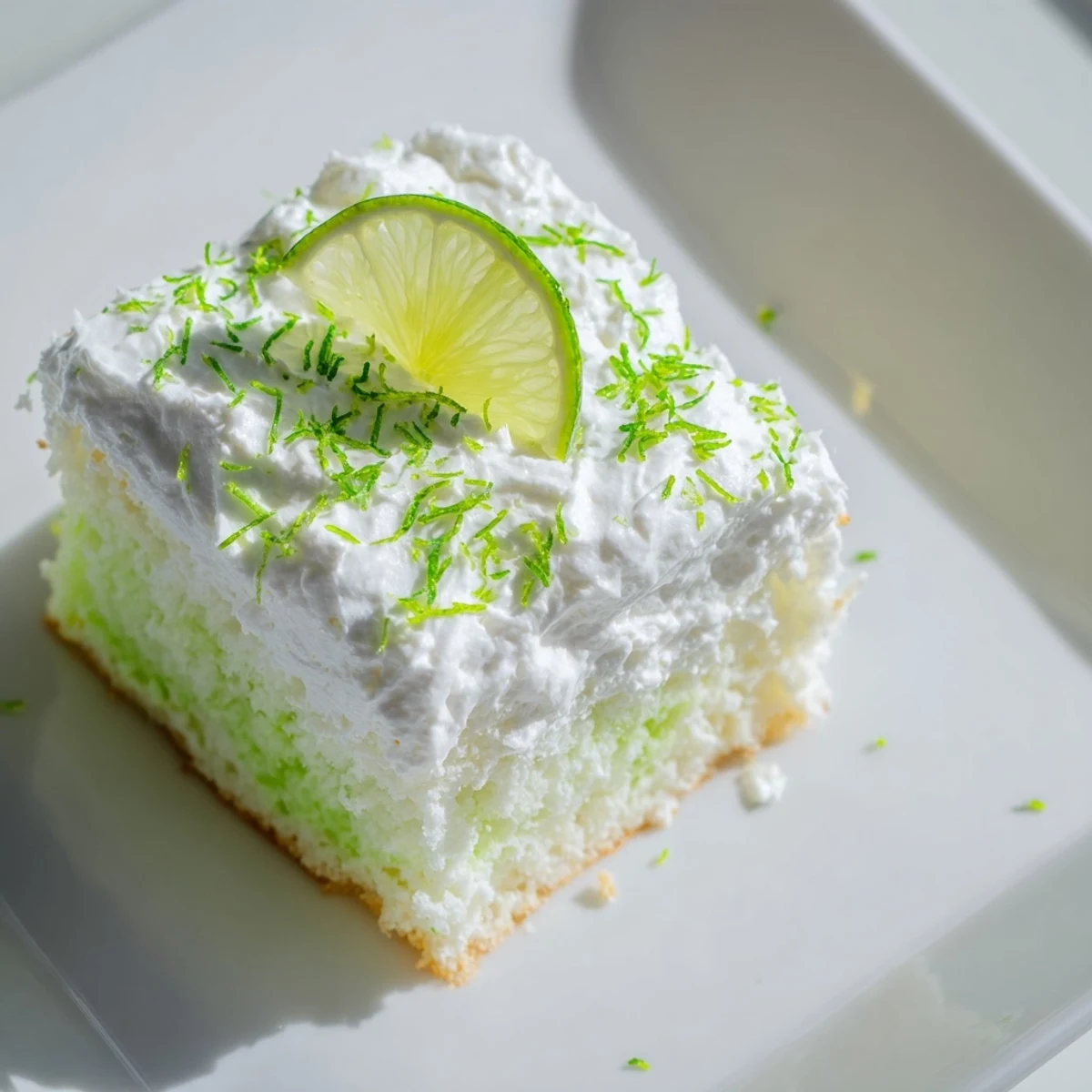 Overhead view of lime poke cake with whipped topping reveals holes filled with vibrant lime gelatin, garnished with thin lime slices and a dusting of powdered sugar.