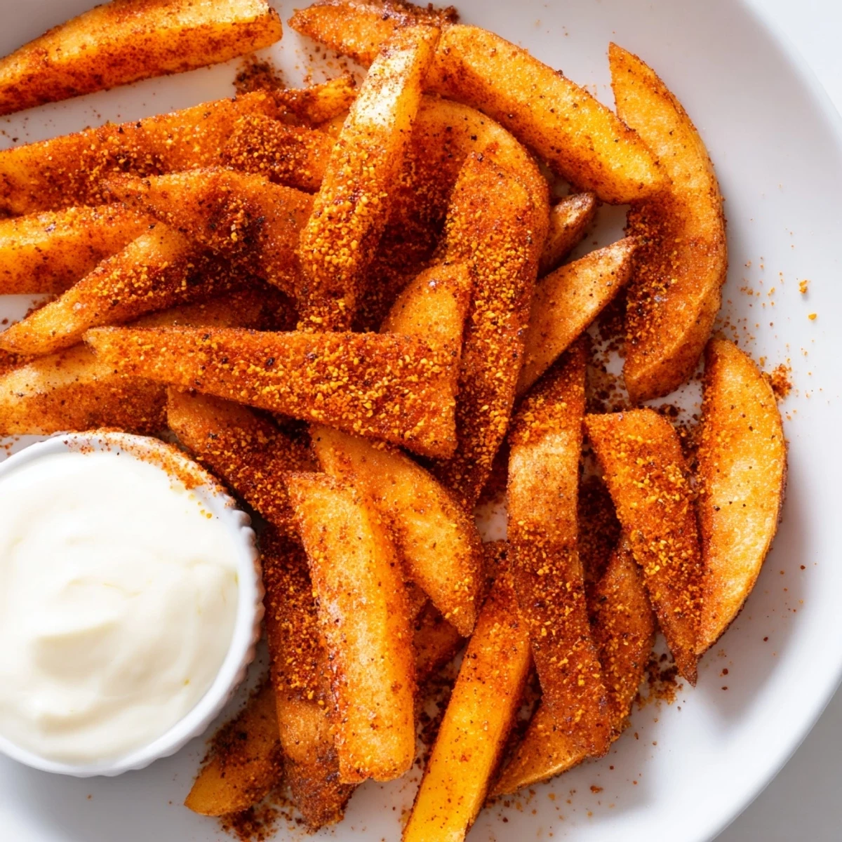 Golden-brown Cajun Spiced Fries with Remoulade Dip, crispy on the outside and fluffy inside, served on a wooden board.  