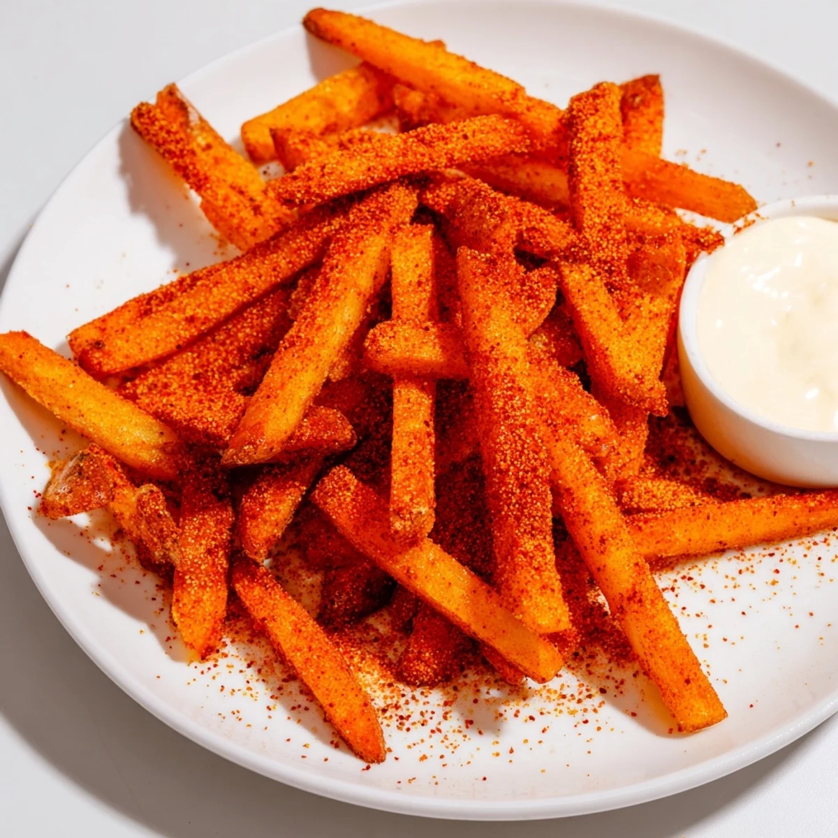 Savory Cajun Spiced Fries with Remoulade Dip garnished with fresh parsley, ready for a flavorful snack or side dish.  