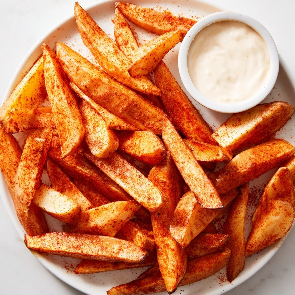Hot Cajun Spiced Fries with Remoulade Dip on a plate, surrounded by lemon wedges and fresh herbs for garnish.
