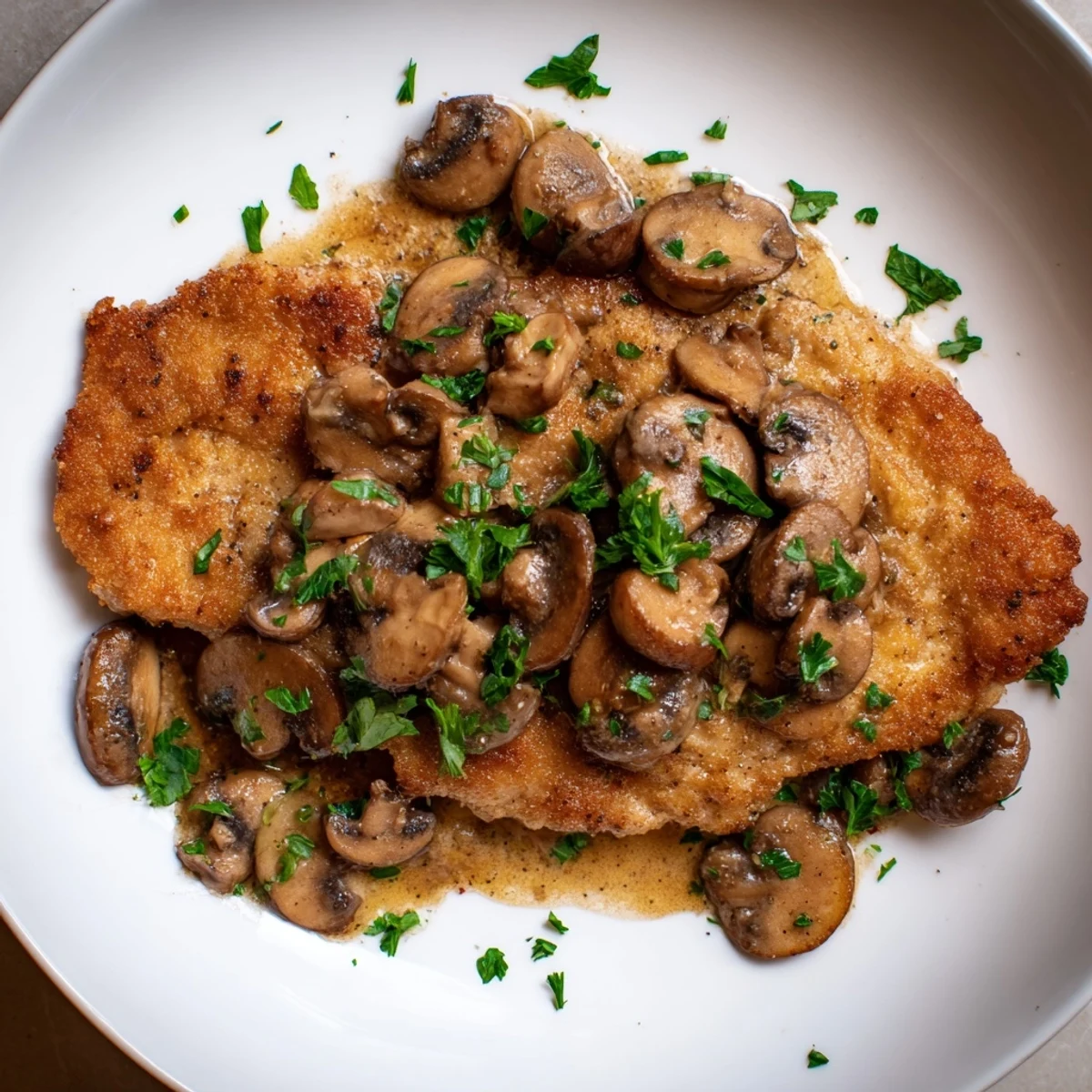 Golden-brown chicken breasts smothered in a rich Marsala mushroom sauce, garnished with fresh parsley.