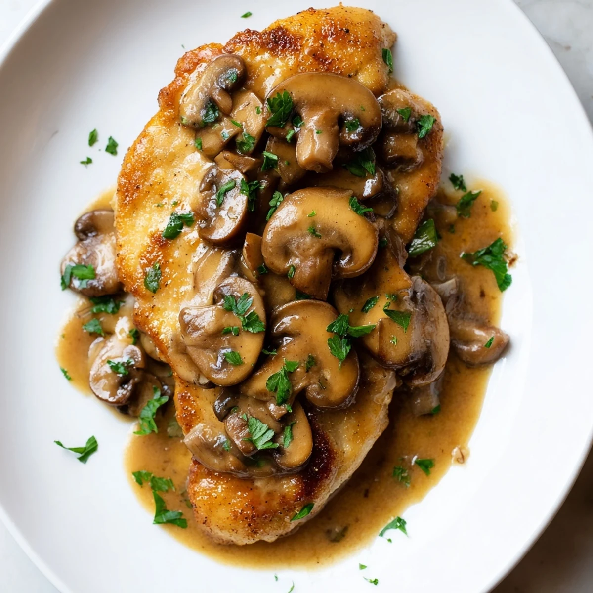 Sliced cremini mushrooms and tender chicken in a savory Marsala wine sauce, ready to serve.
