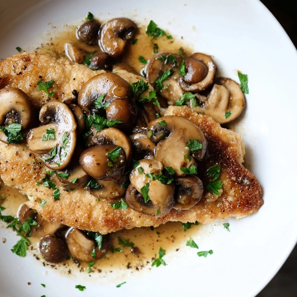 A close-up of Chicken Marsala with earthy mushrooms and vibrant parsley, paired with lemon wedges.