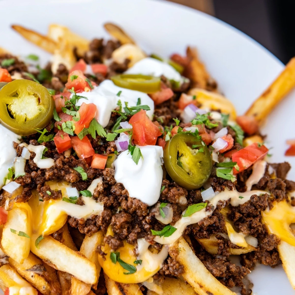 Crispy Loaded Nacho Fries with Queso and Beef are topped with seasoned ground beef, melted cheese, and fresh jalapeños on a platter.  
