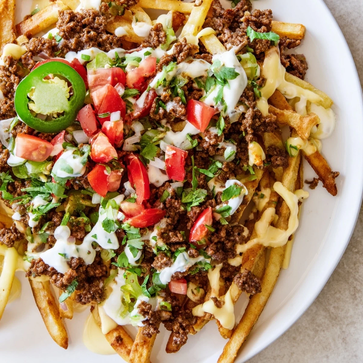 A close-up of Loaded Nacho Fries with Queso and Beef, featuring golden fries, spiced beef, and drizzled queso sauce.  