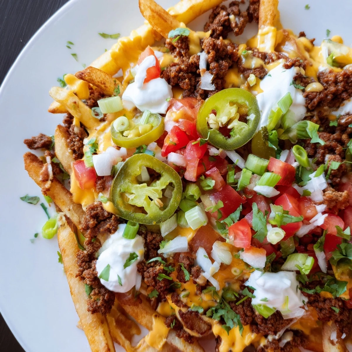 Overhead view of Loaded Nacho Fries with Queso and Beef, a party snack with sour cream, tomatoes, and green onions.